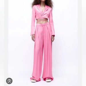 Zara Pink Satin High-Waist Wide-Leg Trousers and cropped jacket set